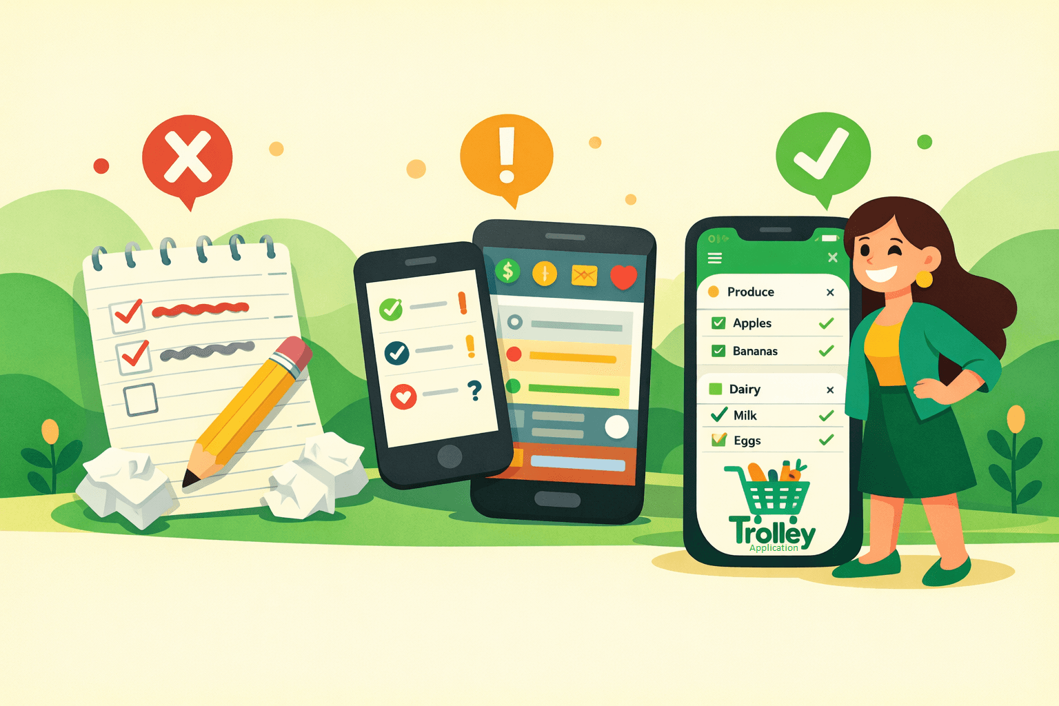 Grocery list comparison illustration - digital vs paper