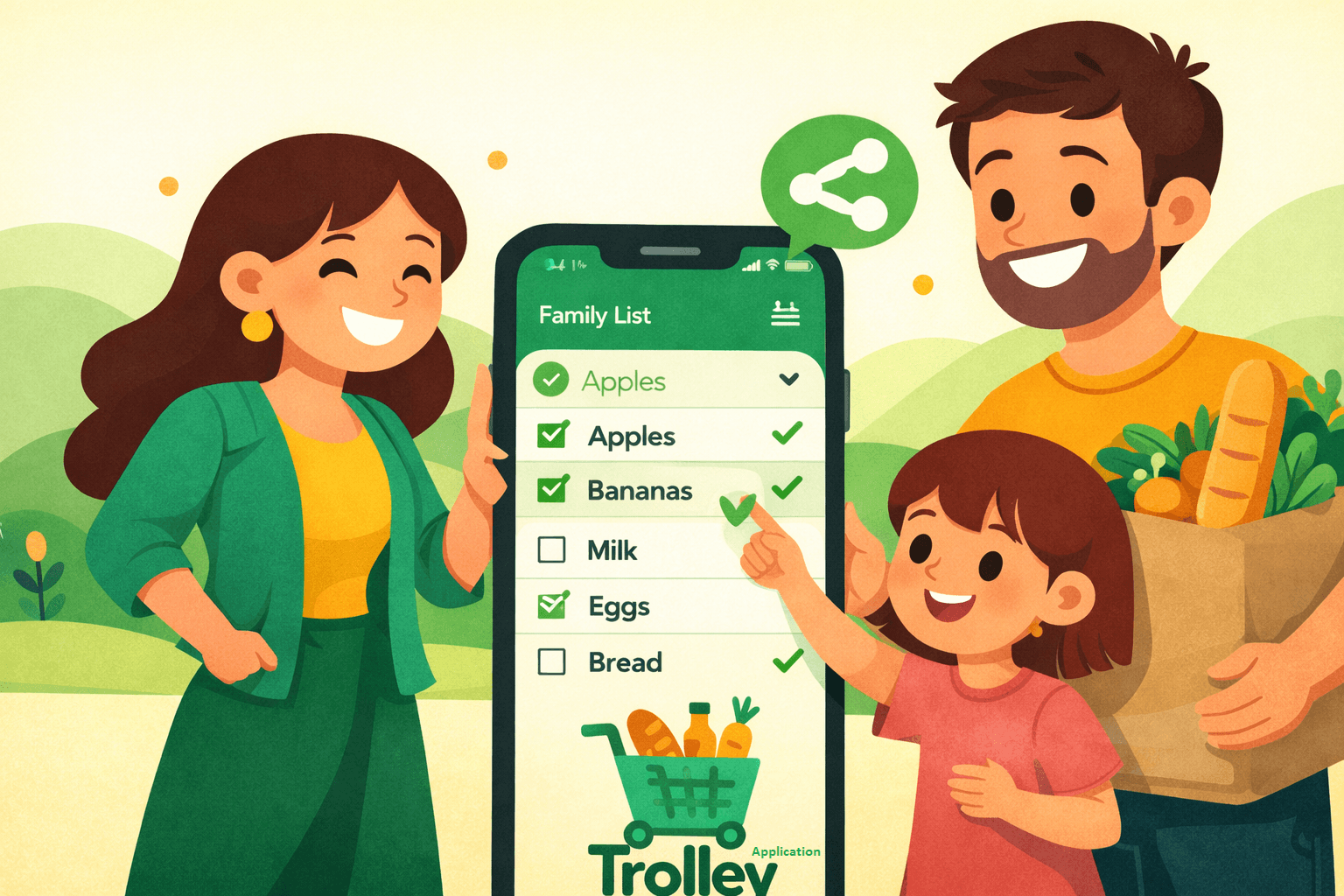 Family using a grocery list app together on smartphone