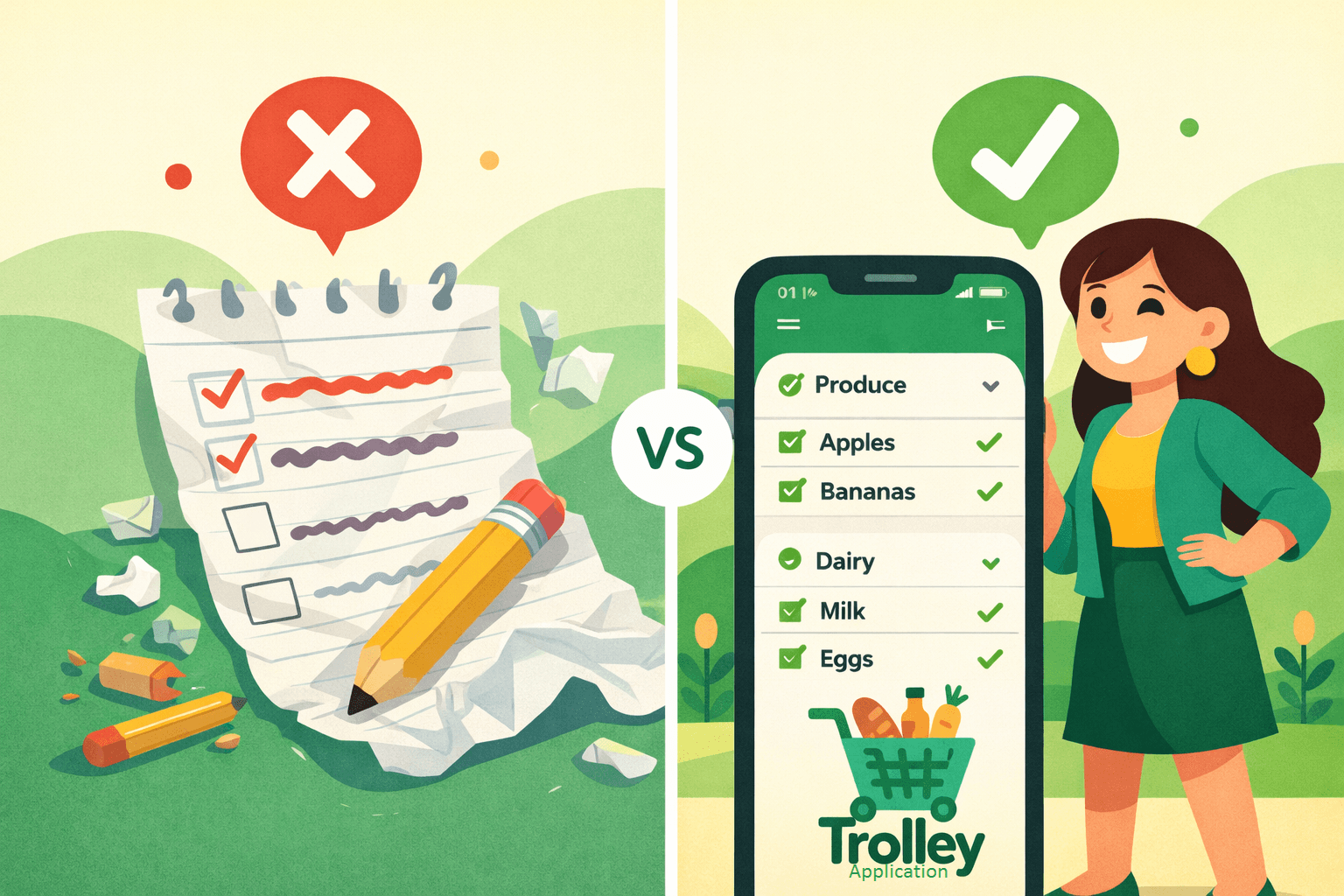 Digital grocery list vs paper shopping list comparison illustration